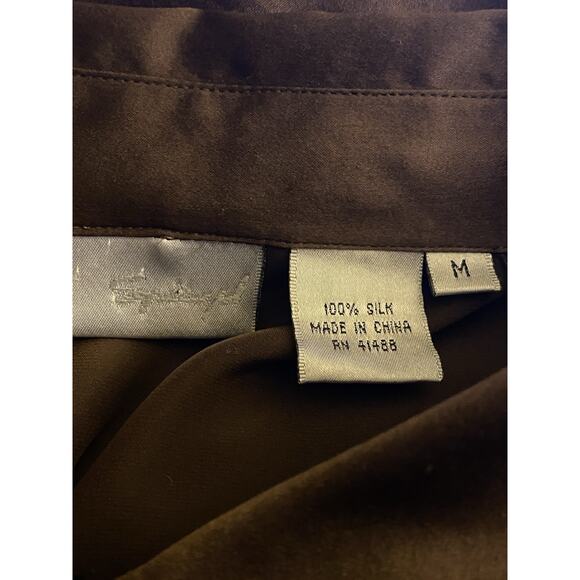 M Vtg Spiegel Dark Brown Embroidered Silk Long Slv Button Down Tunic Blouse rose - Picture 2 of 8